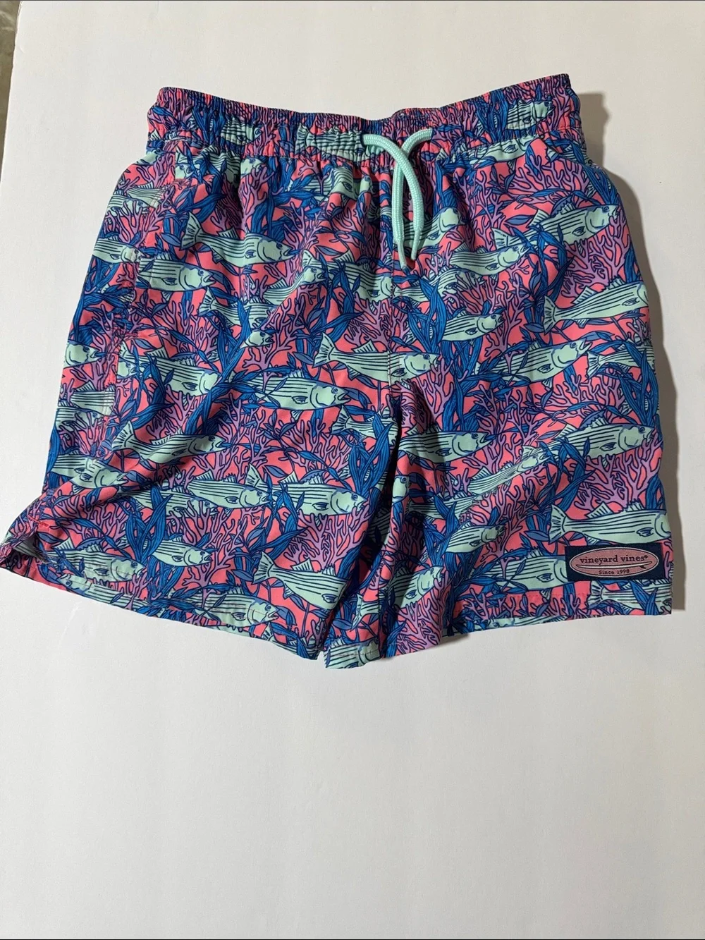 Vineyard Vines Pink, Blue & Mint Fish Print Swim Trunks Kids S